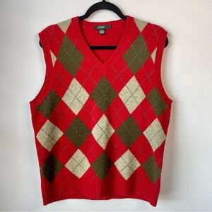 J. Crew Men’s Red and Gray Lambswool Argyle Sweater Vest V-Neck Preppy Sz Large